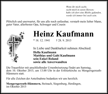Traueranzeige von Heinz Kaufmann von Südthüringer Presse