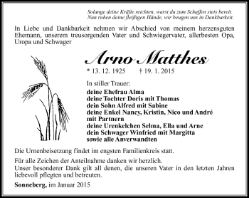 Traueranzeige von Arno Matthes von Südthüringer Presse