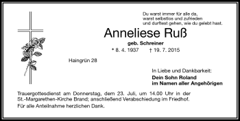 Traueranzeige von Anneliese Ruß von Frankenpost