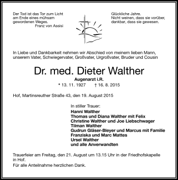 Traueranzeige von Dieter Walther von Frankenpost