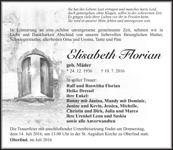 Traueranzeige von Elisabeth Florian von Südthüringer Presse