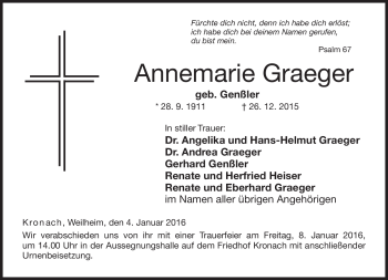 Traueranzeige von Annemarie Graeger von Neue Presse Coburg