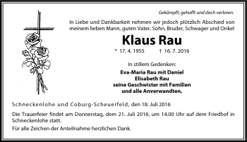 Traueranzeige von Klaus Rau von Neue Presse Coburg