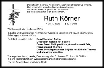 Traueranzeige von Ruth Körner von Frankenpost