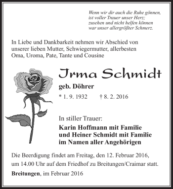 Traueranzeige von Irma Schmidt von Südthüringer Presse
