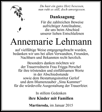 Traueranzeige von Annemarie Lehmann von Südthüringer Presse