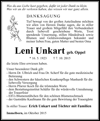 Traueranzeige von Leni Unkart von Südthüringer Presse