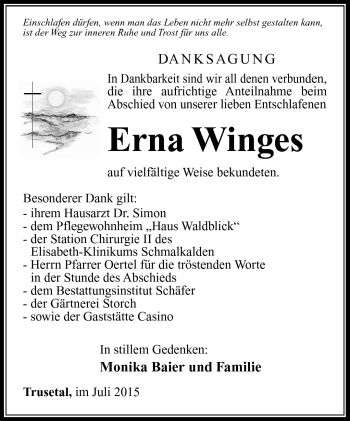 Traueranzeige von Erna Winges von Südthüringer Presse