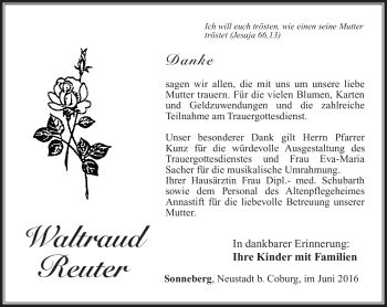 Traueranzeige von Waltraud Reuter von Südthüringer Presse