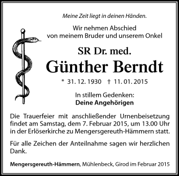 Traueranzeige von Günther Berndt von Südthüringer Presse
