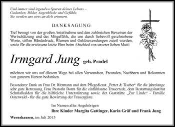 Traueranzeige von Irmgard Jung von Südthüringer Presse