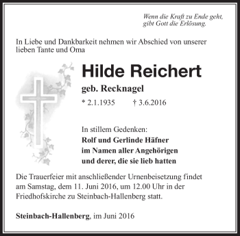 Traueranzeige von Hilde Reichert von Südthüringer Presse