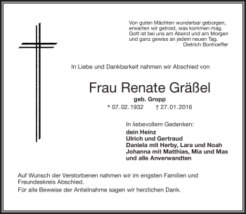 Traueranzeige von Renate Gräßel von Frankenpost