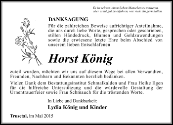 Traueranzeige von Horst König von Südthüringer Presse