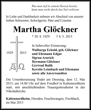 Traueranzeige von Martha Glöckner von Südthüringer Presse