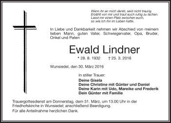 Traueranzeige von Ewald Lindner von Frankenpost
