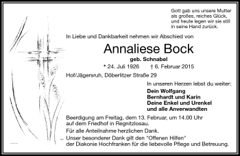 Traueranzeige von Annaliese Bock von Frankenpost