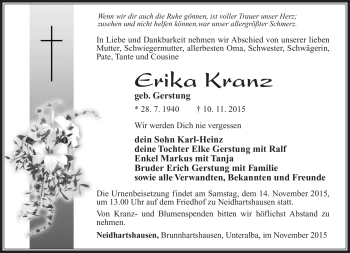 Traueranzeige von Erika Kranz von Südthüringer Presse