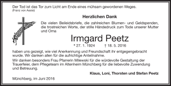 Traueranzeige von Irmgard Peetz von Frankenpost