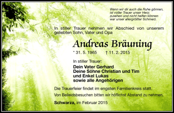 Traueranzeige von Andreas Bräuning von Südthüringer Presse