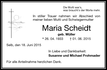 Traueranzeige von Maria Scheidt von Frankenpost
