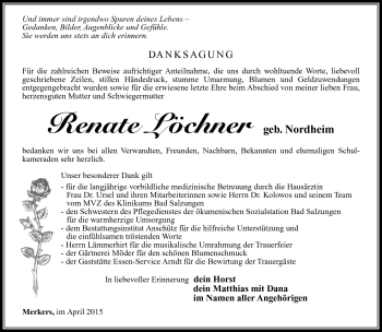 Traueranzeige von Renate Löchner von Südthüringer Presse