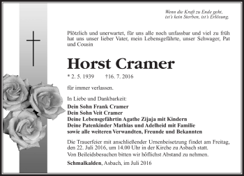 Traueranzeige von Horst Cramer von Südthüringer Presse