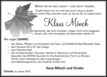 Traueranzeige von Klaus Mönch von Südthüringer Presse