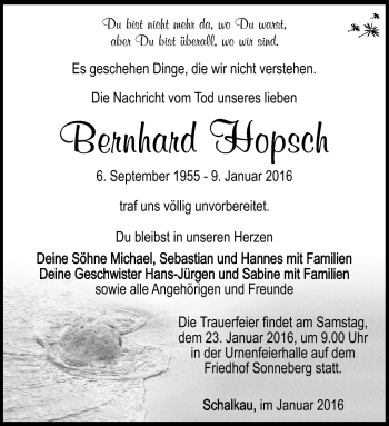 Traueranzeige von Bernhard Hopsch von Südthüringer Presse