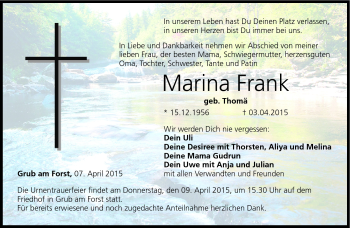 Traueranzeige von Marina Frank von Neue Presse Coburg