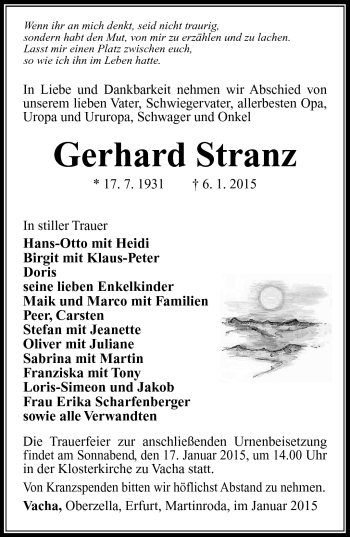 Traueranzeige von Gerhard Stranz von Südthüringer Presse
