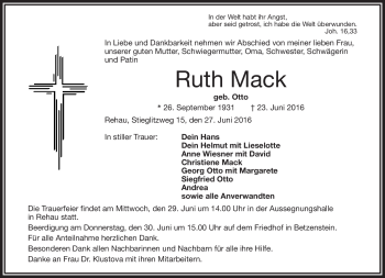 Traueranzeige von Ruth Mack von Frankenpost