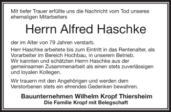 Traueranzeige von Alfred Haschke von Frankenpost