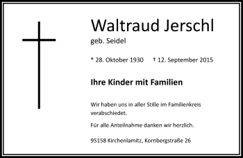 Traueranzeige von Waltraud Jerschl von Frankenpost