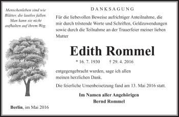 Traueranzeige von Edtih Rommel von Südthüringer Presse