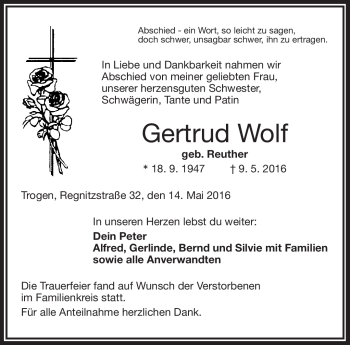 Traueranzeige von Gertrud Wolf von Frankenpost