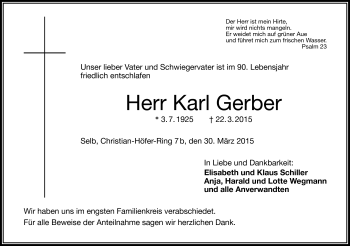 Traueranzeige von Karl Gerber von Frankenpost