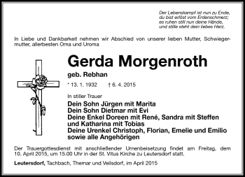 Traueranzeige von Gerda Morgenroth von Südthüringer Presse
