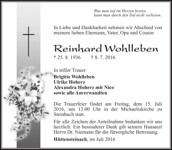 Traueranzeige von Reinhard Wohlleben von Südthüringer Presse