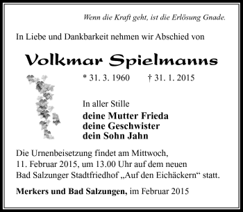 Traueranzeige von Volkmar Spielmanns von Südthüringer Presse