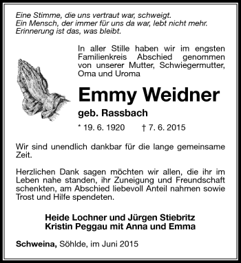 Traueranzeige von Emmy Weidner von Südthüringer Presse