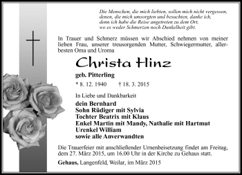 Traueranzeige von Christa Hinz von Südthüringer Presse