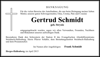 Traueranzeige von Gertrud Schmidt von Südthüringer Presse