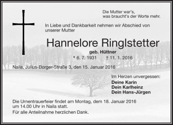 Traueranzeige von Hannelore Ringelstetter von Frankenpost