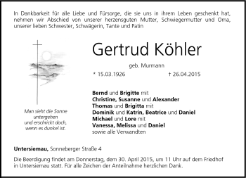 Traueranzeige von Gertrud Köhler von Neue Presse Coburg