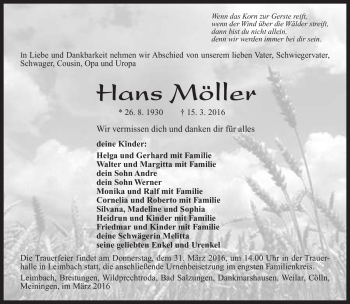 Traueranzeige von Hans Möller von Südthüringer Presse