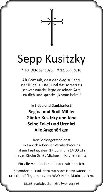 Traueranzeige von Sepp Kusitzky von Frankenpost