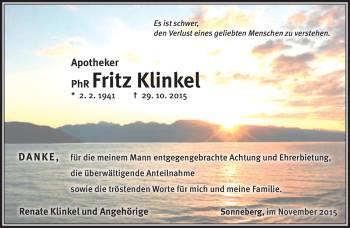 Traueranzeige von Fritz Klinkel von Südthüringer Presse