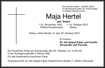 Traueranzeige von Maja Hertel von Frankenpost