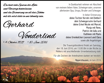 Traueranzeige von Gerhard VOnderlind von Südthüringer Presse